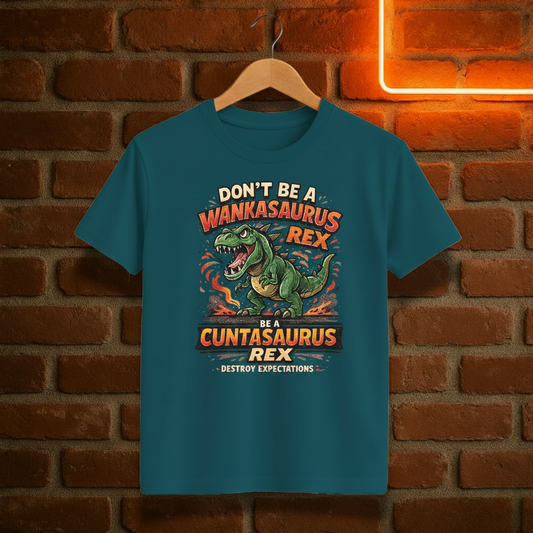 Blue t-shirt with dinosaur graphic and text on a brick wall background