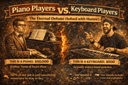 Piano Players vs. Keyboard Players humorous illustration showing a piano player and a keyboard player discussing their instruments.