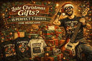 Late Christmas Gifts? Festive musician with bass guitar and Christmas t-shirts, perfect for music lovers.