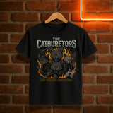 Black t-shirt with 'The Catburetors' graphic design on a brick wall background