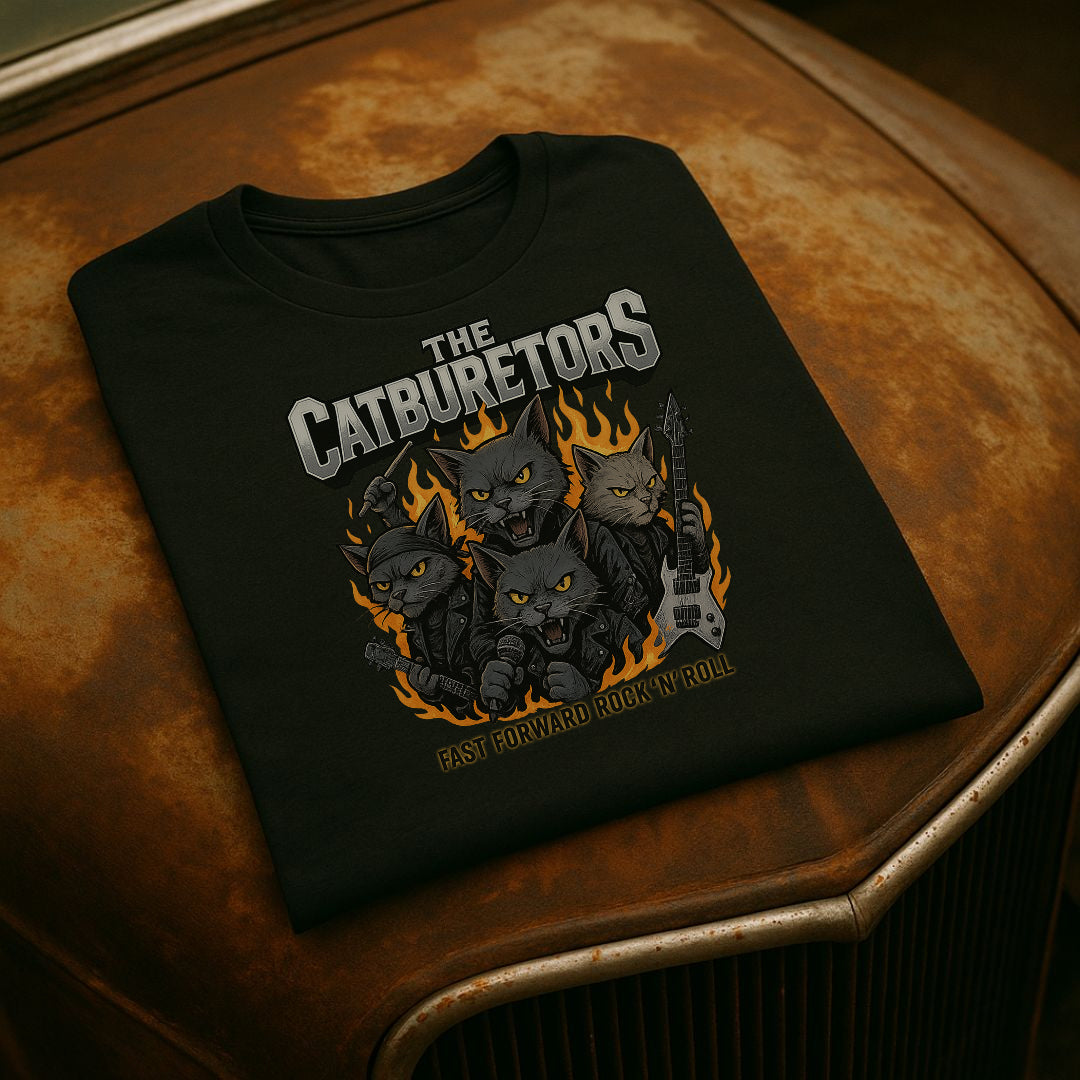 Black t-shirt with cat-themed graphic design on a car hood