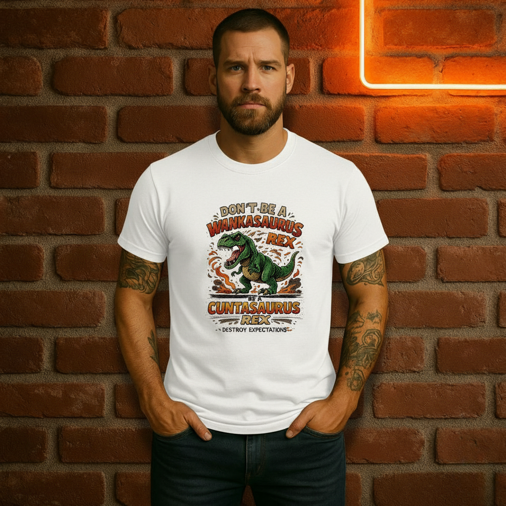 Man wearing a white t-shirt with a graphic design in front of a brick wall.