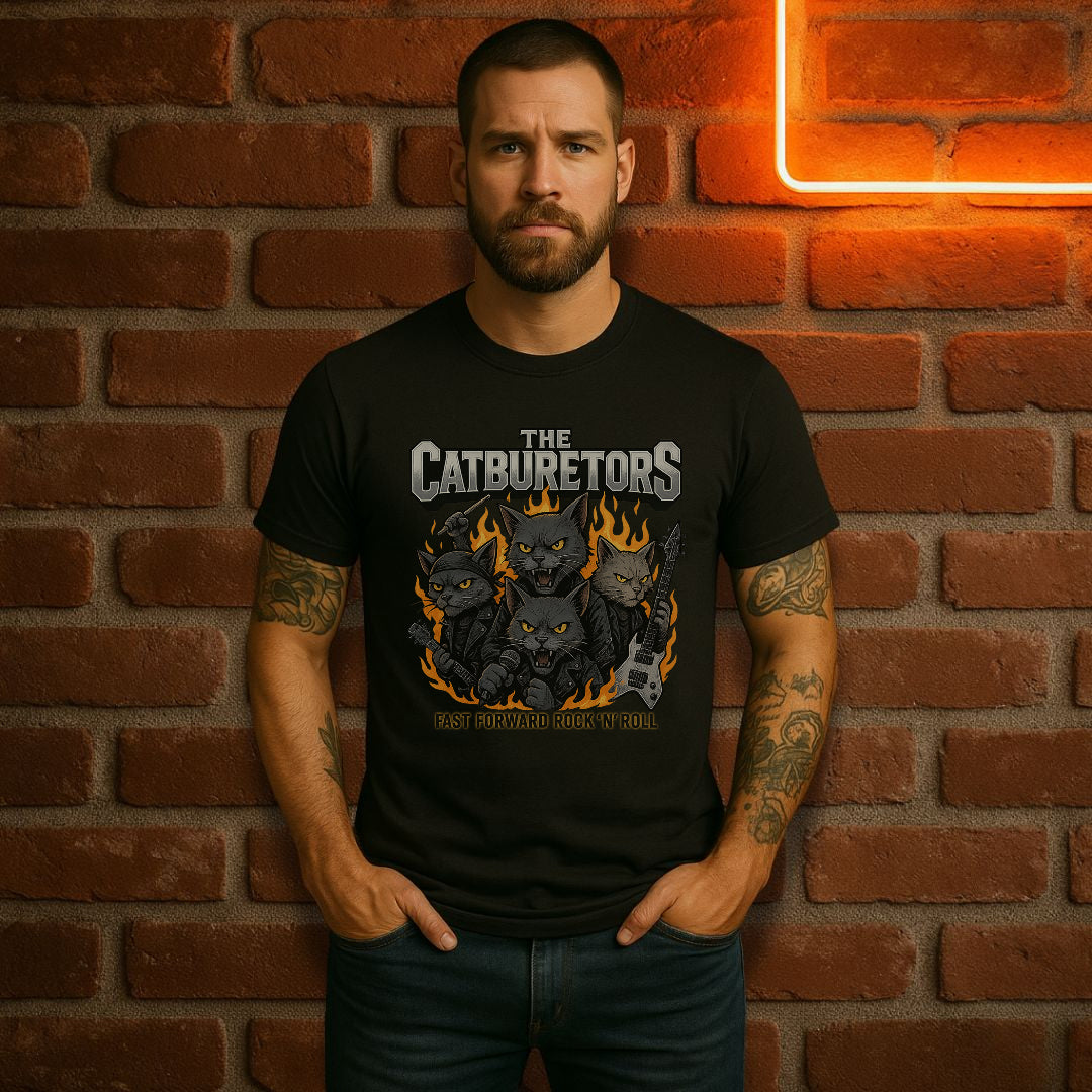 Man wearing a black t-shirt with 'The Catburetors' design against a brick wall.