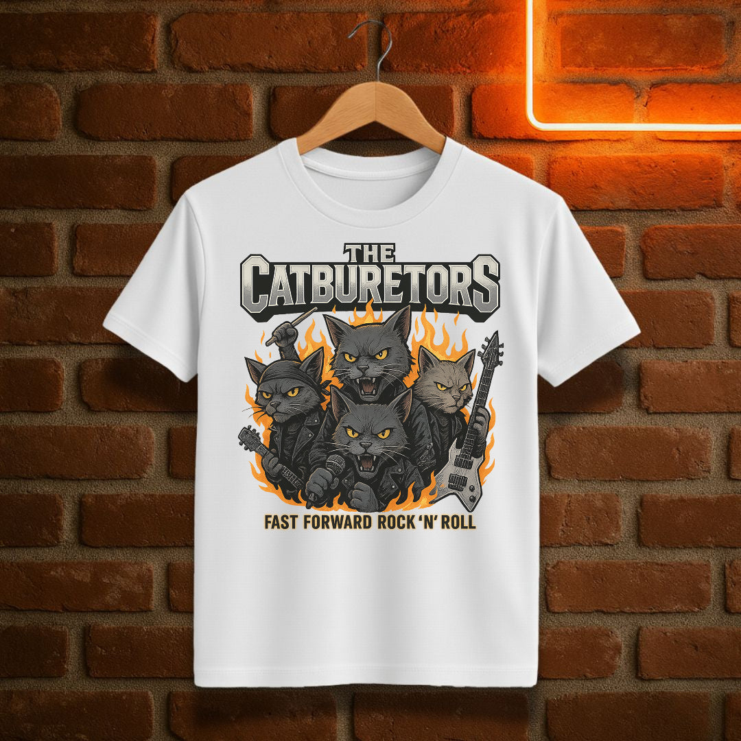 White t-shirt with 'The Catburetors' graphic design on a brick wall background