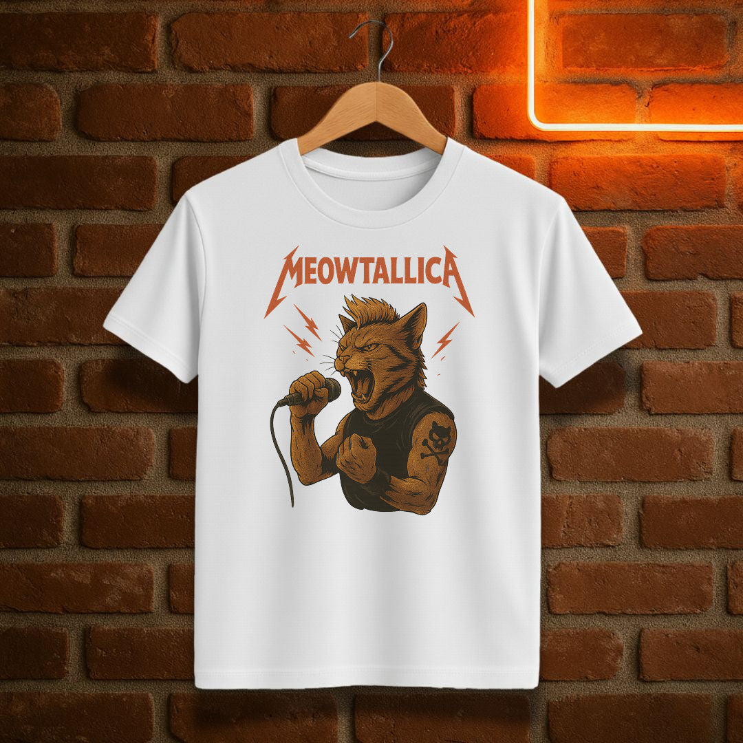 Hvit Meowtallica t-skjorte