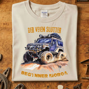 Der veien slutter begynner moroa t-skjorte med offroad bil design på beige bakgrunn.