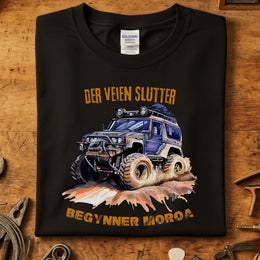 Der veien slutter begynner moroa t-skjorte med illustrasjon av en tøff offroadbil.