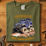 Der veien slutter begynner moroa t-skjorte med offroad-biltrykk på olivengrønn bakgrunn