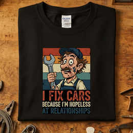 I Fix Cars Because I'm Hopeless at Relationships T-Skjorte på Gildan 64000 med detaljert trykk av en mekaniker med skiftenøkkel.