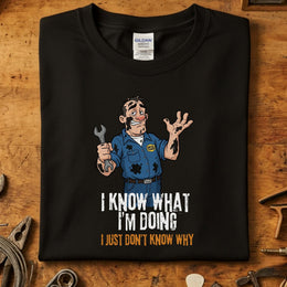 I Know What I'm Doing T-Skjorte med humoristisk trykk av snekker på svart Gildan t-skjorte.