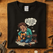 I've Got a Gig Tonight T-Skjorte featuring a musician overwhelmed with lyrics, stylish Gildan shirt in black.