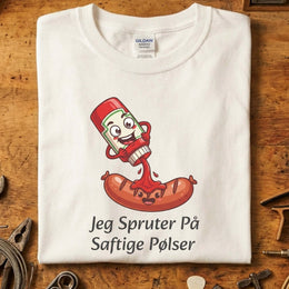 Jeg Spruter På Saftige Pølser T-Skjorte med morsomt ketchupdesign på Gildan 64000, perfekt for unge og gamle.