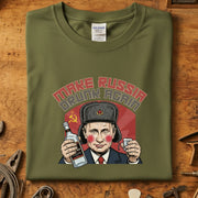 Make Russia drunk again t-skjorte with cartoon character and vodka bottles, perfect for humorous occasions.
