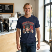 Make Russia drunk again t-skjorte worn by a smiling man in a cafe setting, showcasing its fun design.