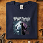Mechanic By Day - Guitarist By Night T-Skjorte med grafikk av verktøy og gitar, komfortabel og stilren design.