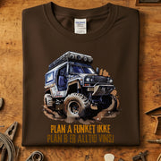 Plan A funket ikke offroad t-skjorte med stilig bildesign på brunt stoff.