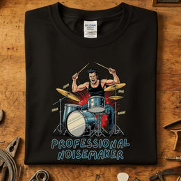 Professional Noisemaker T-Skjorte featuring a drummer in action with vibrant graphics on a black background.