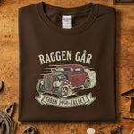 Raggen Går siden 50-tallet T-skjorte med vintage biltrykk på brun bakgrunn