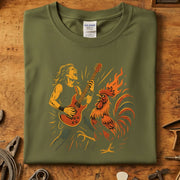 Rock & Rooster T-Skjorte featuring a musician with a guitar and a fiery rooster on a green background.