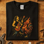 Rock & Rooster T-Skjorte design featuring a rocker playing guitar with a flaming rooster.