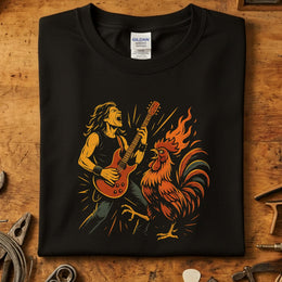 Rock & Rooster T-Skjorte design featuring a rocker playing guitar with a flaming rooster.