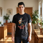 En ung mann iført Rock'n'Roll Konge T-skjorte med gitarmotiv, poserer i lys stue.