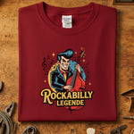 Rockabilly Legende T-skjorte med grafikk av en rockabilly-musiker som spiller kontrabass.