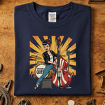 Rockabilly Queen T-Skjorte med fargerik illustrasjon av rockabilly-dame og musikkinstrumenter.