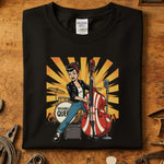 Rockabilly Queen T-Skjorte med en rocka jente som spiller kontrabass på svart bakgrunn.