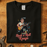 Rock'n'Roll Konge t-skjorte med vintage gitaristdesign, perfekt for rockere og musikkentusiaster.