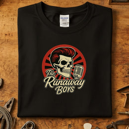 The Runaway Boys  — Offisiell Band Merch T-Skjorte, svart t-skjorte med vintage design av hodeskalle og mikrofon.