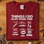 Things I do in my spare time biler t-skjorte featuring fun car-related icons for auto enthusiasts.