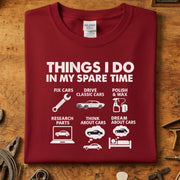 Things I do in my spare time biler t-skjorte featuring fun car-related icons for auto enthusiasts.