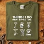 Things I do in my spare time Rockabilly T-skjorte med musikkrelaterte ikoner på en olivengrønn T-skjorte.