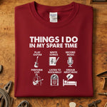 Things I do in my spare time Rockabilly T-skjorte design featuring music-related icons.