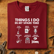 Things I do in my spare time Rockabilly T-skjorte design featuring music-related icons.